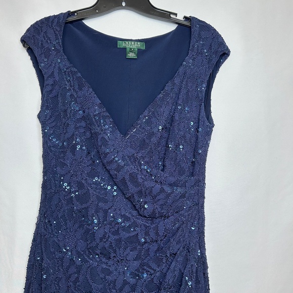 Lauren Ralph Lauren Evening Full Length Navy Blue‎ Lace and Beaded Dress - Picture 2 of 9